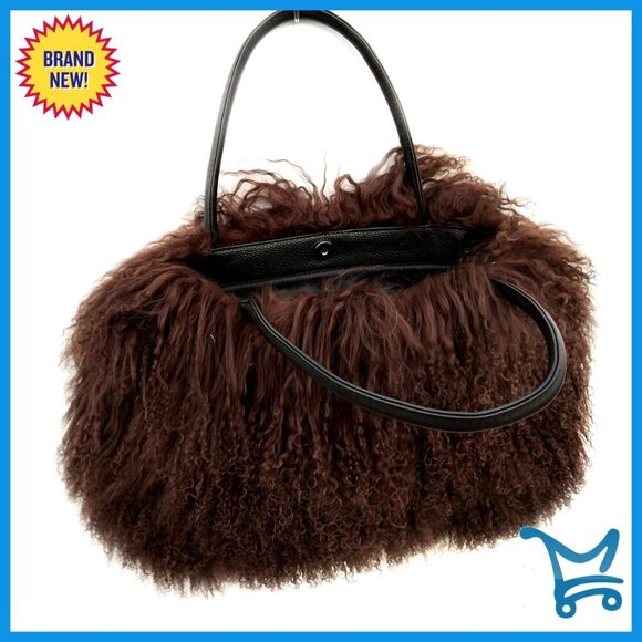 Handbags - Real Lamb Fur Tote Bag with Genuine Leather Handles, Large Capacity